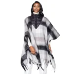 All Things New Boutigue | Fringe Poncho Poly Black Plaid Long Zip For Women / Black, Multi Tone