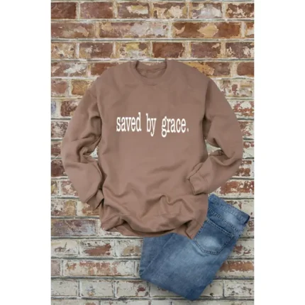 All Things New Boutigue | Saved By Grace, Christian, Unisex Cotton Fleece Sweatshirt / LATTE/WHITE
