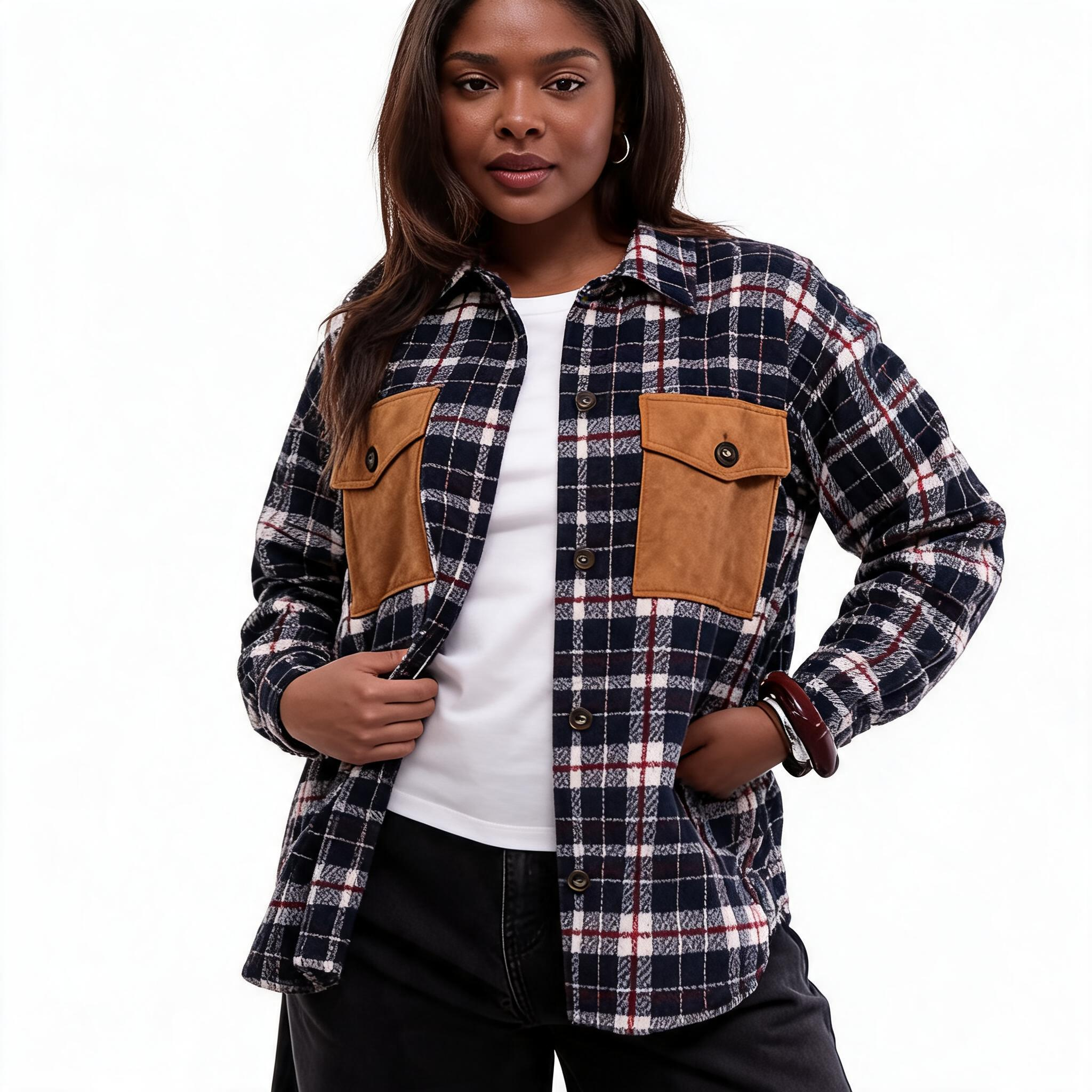 Pursayus Suede Pocket Brushed Plaid Shacket NVY-navyburgundy 1
