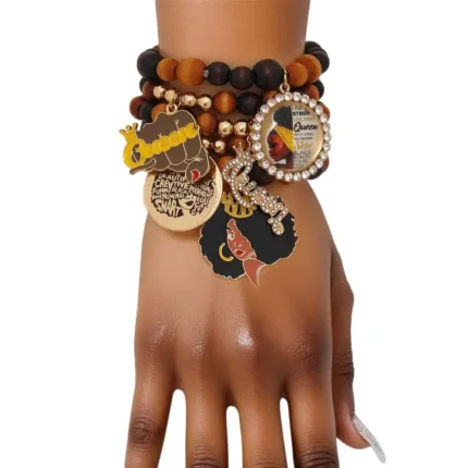 All Things New Boutigue | Bracelets Wood Bead Black Queen Charm bracelet / Gold