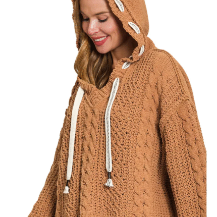 All Things New Boutigue | Cable Drawstring Hooded Sweater / DEEP CAMEL
