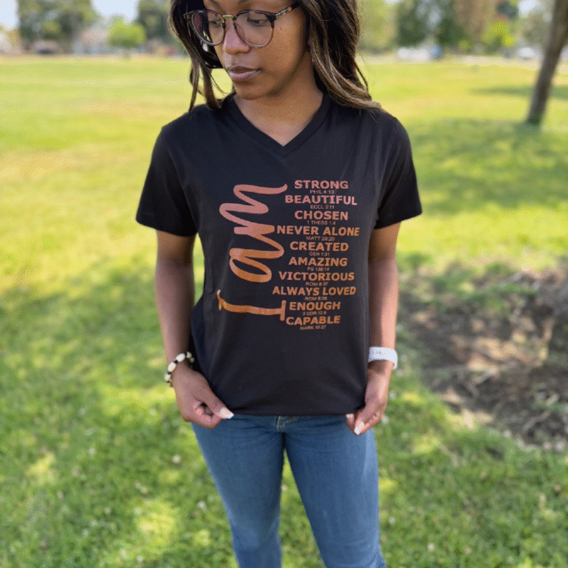 All Things New Boutigue | I Am Strong Beaut Chosen Etc, Unisex V-Neck T-Shirt / Black/Brown