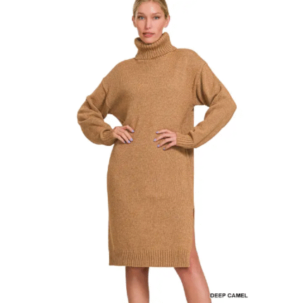 All Things New Boutigue | Turtle Neck Long Sleeve Midi Sweater Dress / DEEP CAMEL