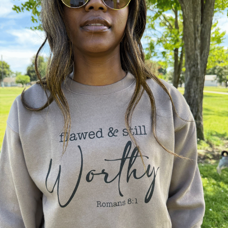 All Things New Boutigue | Flawed & Still Worthy, Christian, Unisex Crewneck Fleece Sweatshirts / Latte/Black