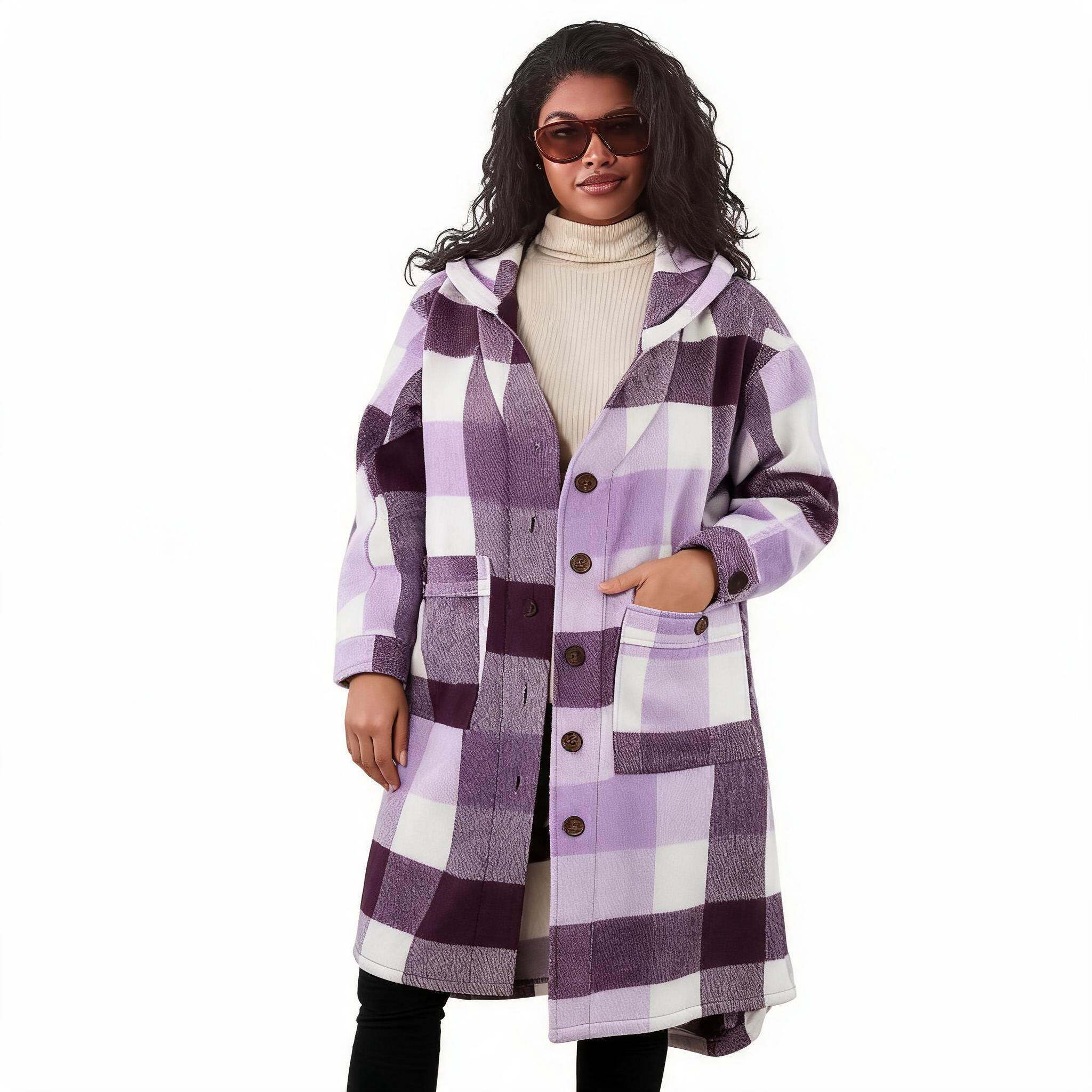 Robbin Women’s Plaid Oversized Duster Shacket with Pockets Purple Plum