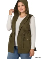 All Things New Boutigue | Plus Drawstring Waist Military Hoodie Vest with Pockets