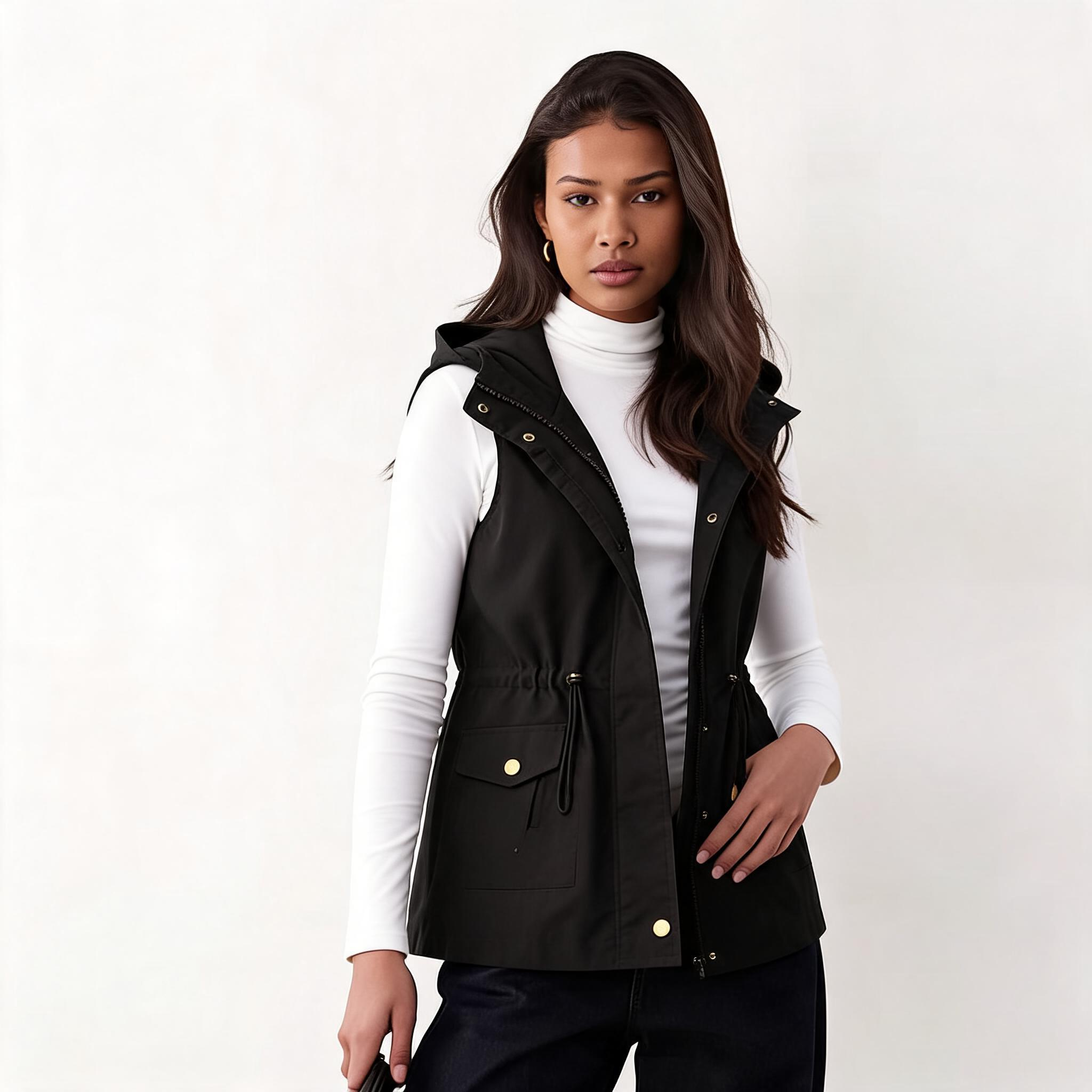 Juliet Drawstring Waist Military Hoodie Vest with Pockets BLACK ASH MUSTARD 2