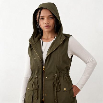 Plus Drawstring Waist Military Hoodie Vest with Pockets