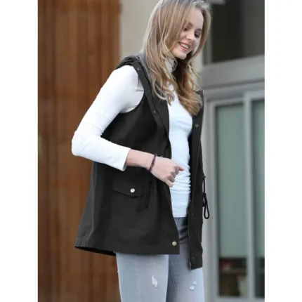 All Things New Boutigue | Drawstring Waist Military Hoodie Vest with Pockets / BLACK / ASH MUSTARD