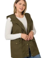 All Things New Boutigue | Plus Drawstring Waist Military Hoodie Vest with Pockets