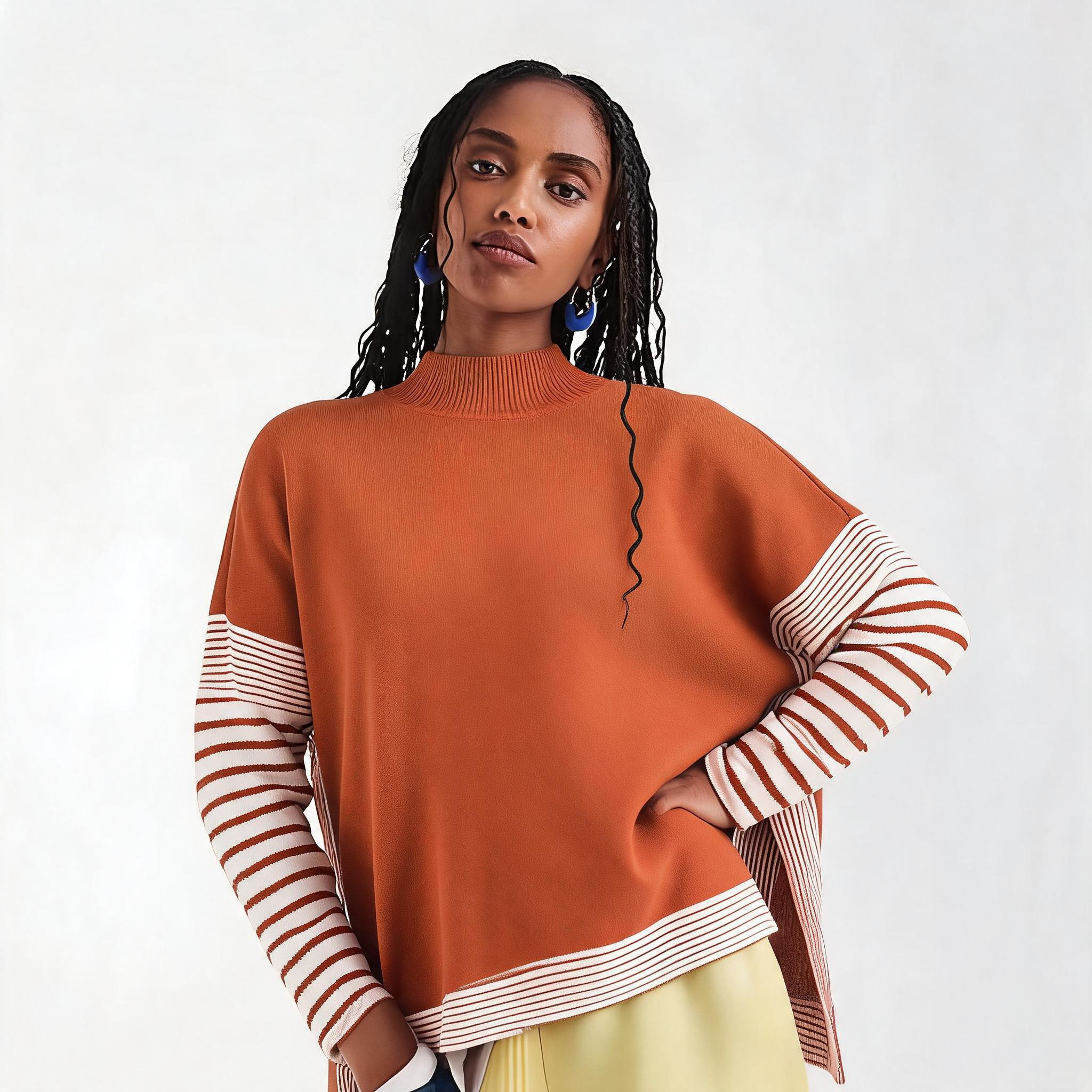 Yessica Contrast Striped Mock Neck Hi Low Sweater Butter Orange 2