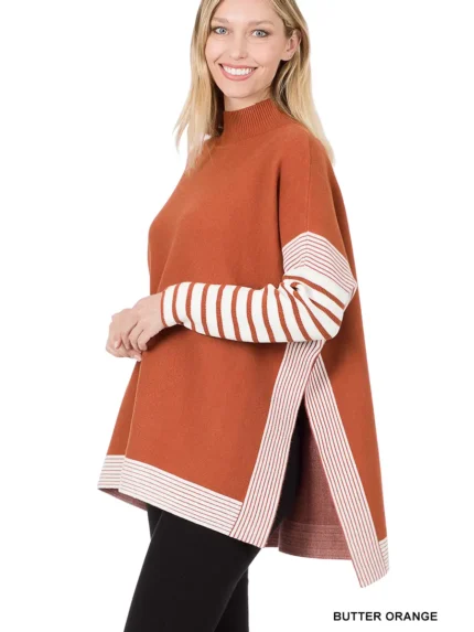 All Things New Boutigue | Contrast Striped Mock Neck Hi Low Sweater / BUTTER ORANGE